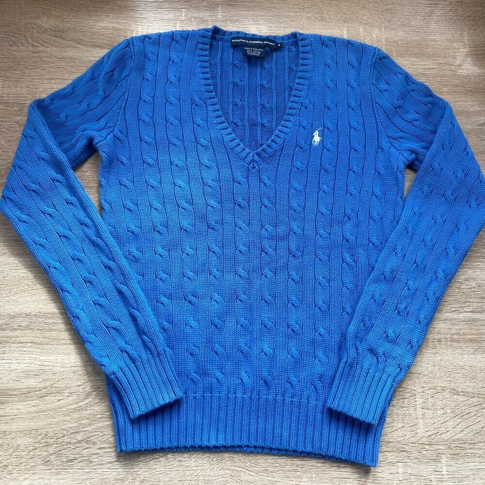 Vintage Ralph Lauren Sport V-Neck Cotton Cable Knit Sweater Blue Medium